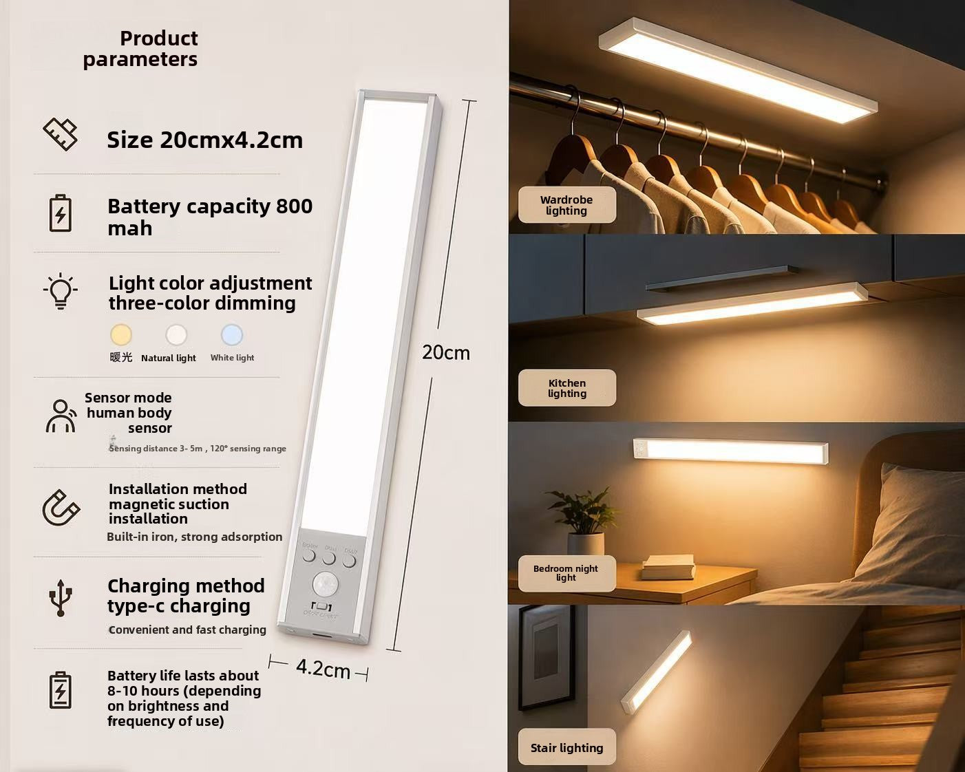 Magnetic Rechargeable LED Sensor Night Light - Wireless Wardrobe & Kitchen Lamp