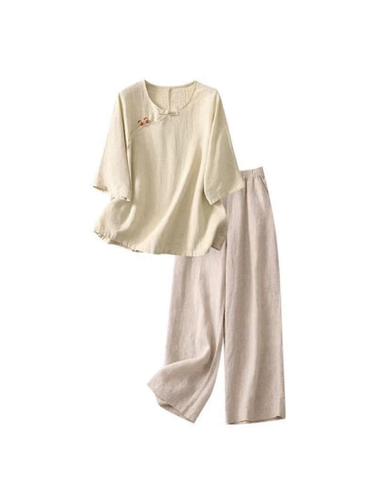 Women's Casual Two-Piece Linen Blend Loungewear Set - Loose Fit Short Sleeve Suit