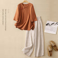 Women's Casual Two-Piece Linen Blend Loungewear Set - Loose Fit Short Sleeve Suit