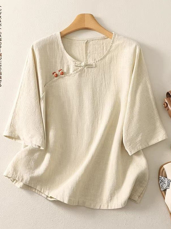 Women's Casual Two-Piece Linen Blend Loungewear Set - Loose Fit Short Sleeve Suit