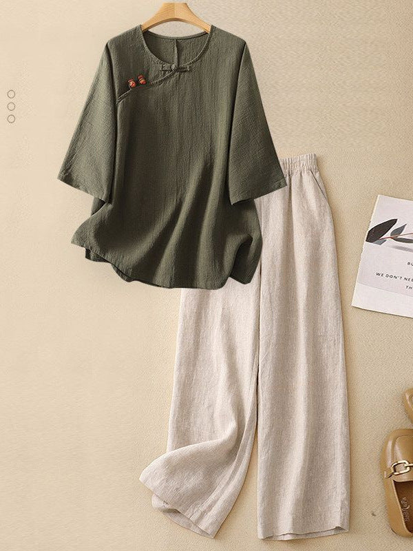 Women's Casual Two-Piece Linen Blend Loungewear Set - Loose Fit Short Sleeve Suit