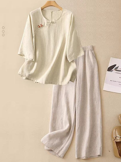 Women's Casual Two-Piece Linen Blend Loungewear Set - Loose Fit Short Sleeve Suit