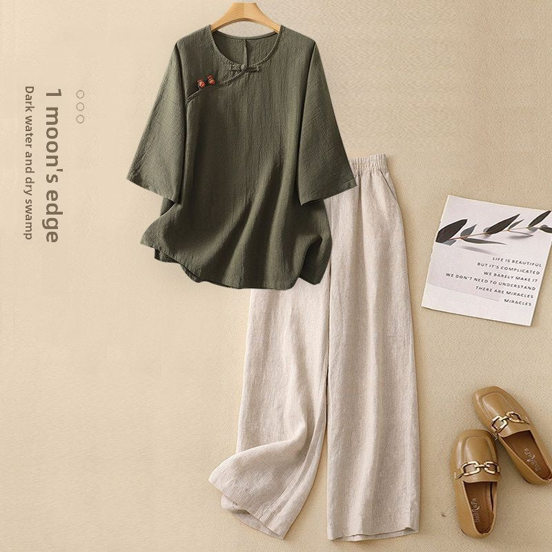 Women's Casual Two-Piece Linen Blend Loungewear Set - Loose Fit Short Sleeve Suit