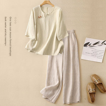 Women's Casual Two-Piece Linen Blend Loungewear Set - Loose Fit Short Sleeve Suit